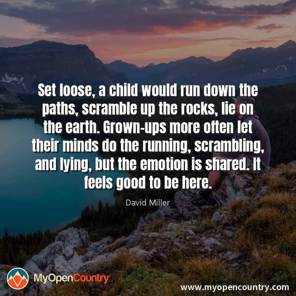 Set loose, a child would run down the paths, scramble up the rocks, lie on the earth. Grown-ups more often let their minds do the running, scrambling, and lying, but the emotion is shared. It feels good to be here. - David Miller
