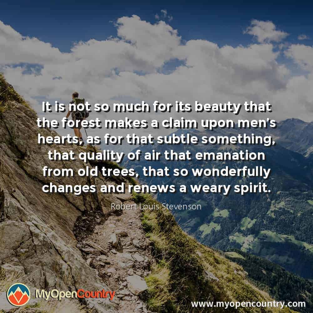 It is not so much for its beauty that the forest makes a claim upon men’s hearts, as for that subtle something, that quality of air that emanation from old trees, that so wonderfully changes and renews a weary spirit. - Robert Louis Stevenson